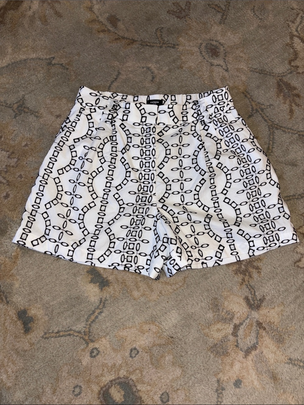 Express White Shorts with Black Geometric Print